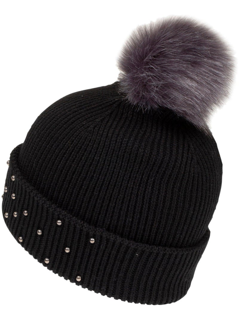 Bonnet ultra doux, détail strass et pompom Noir - Kiabi