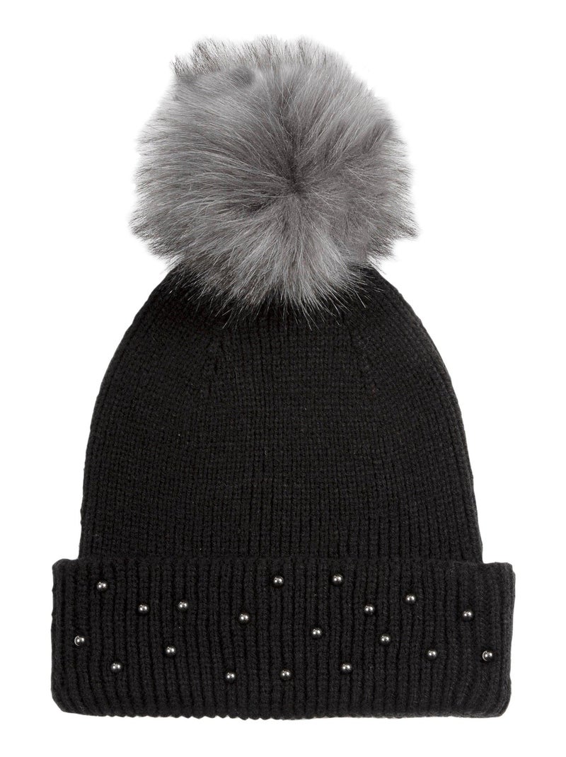 Bonnet ultra doux, détail strass et pompom Noir - Kiabi