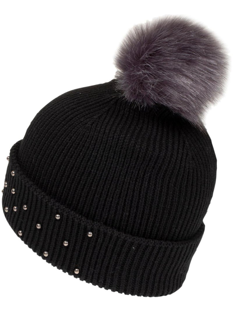 Bonnet ultra doux, détail strass et pompom Noir - Kiabi