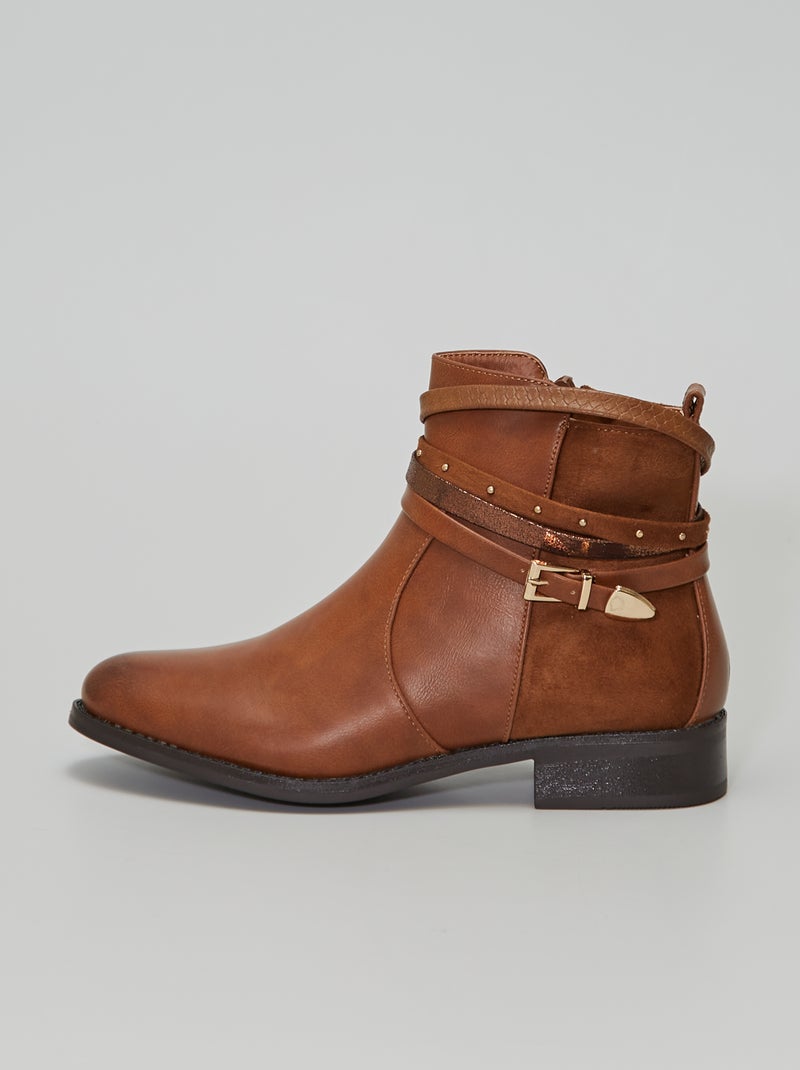 Boots bi-matières avec brides camel - Kiabi