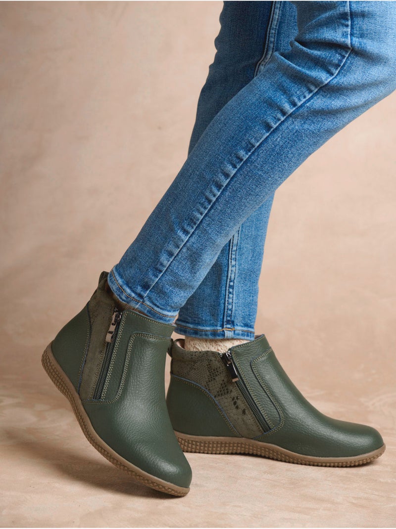 Boots cuir double zip - PEDICONFORT Kaki - Kiabi