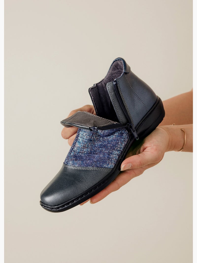Boots cuir largeur confort double glissière - Afibel Bleu - Kiabi