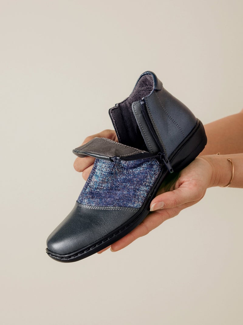 Boots cuir largeur confort double glissière - Afibel Bleu marine - Kiabi