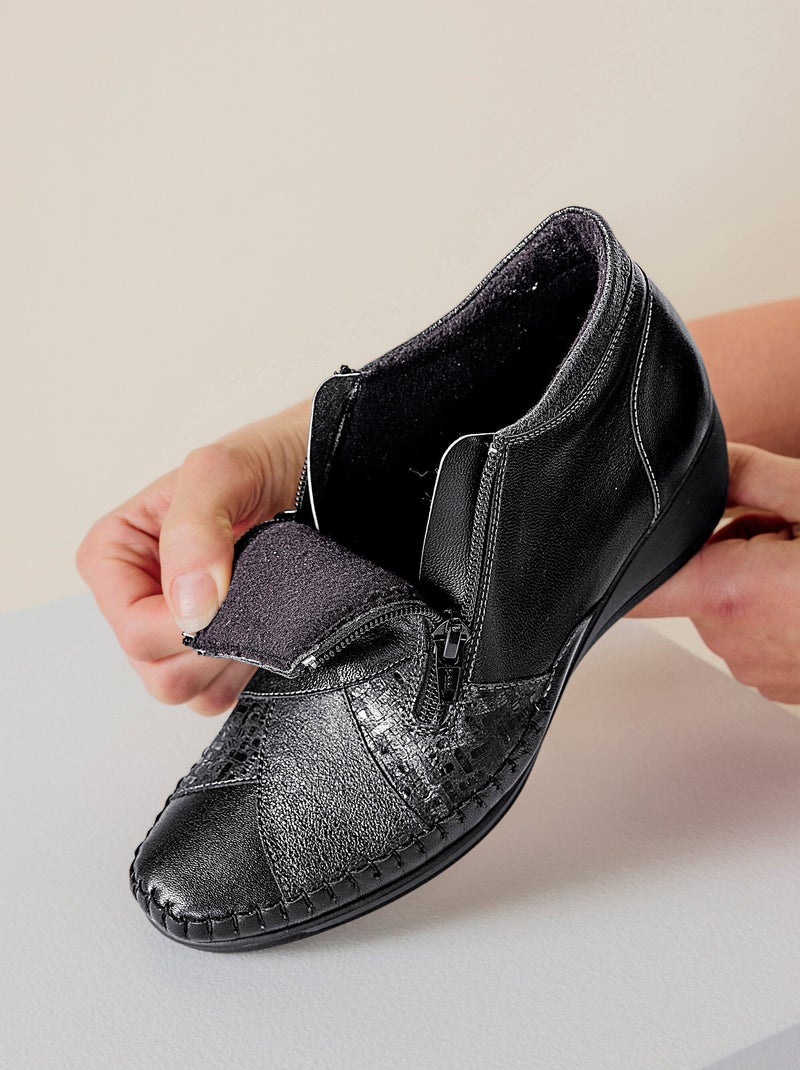 Boots largeur confort zippés cuir - Afibel Noir - Kiabi