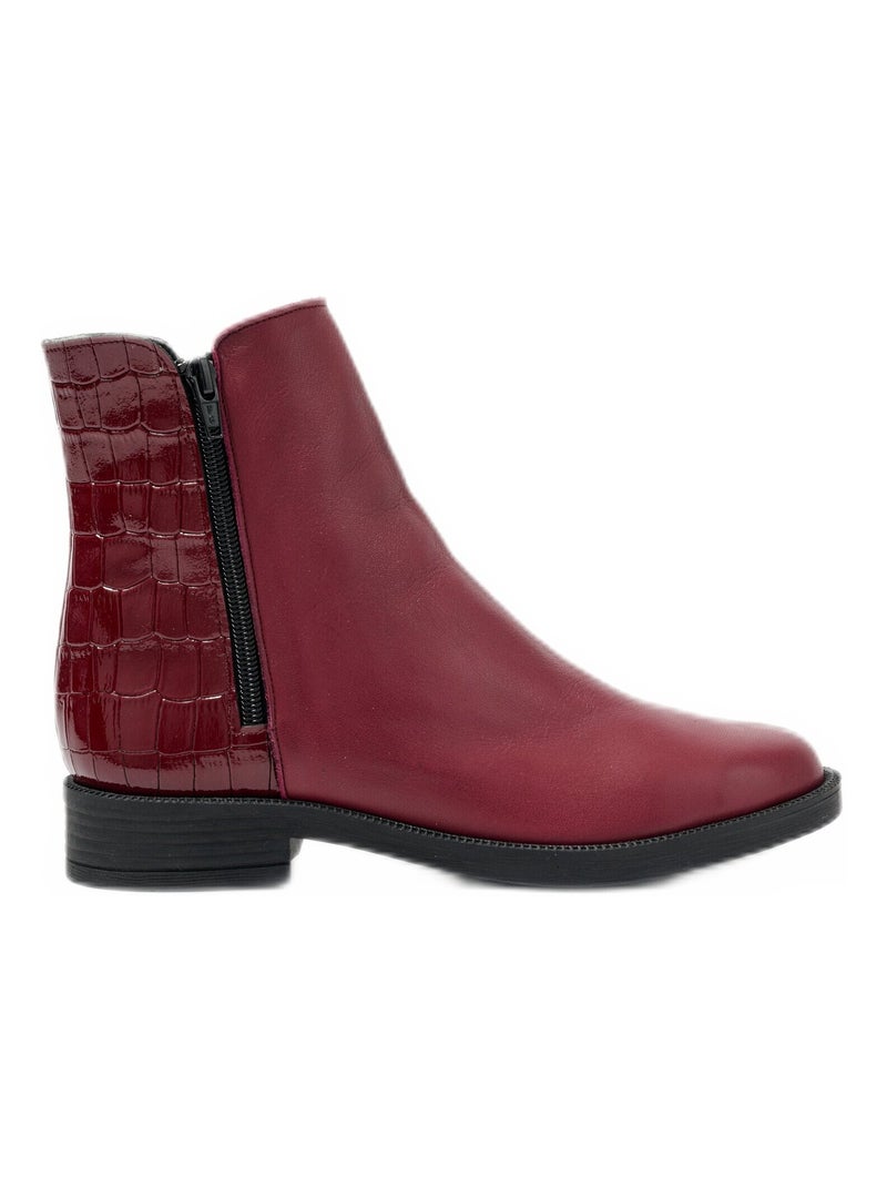 Boots zippées cuir largeur confort effet croco Bordeaux - Kiabi