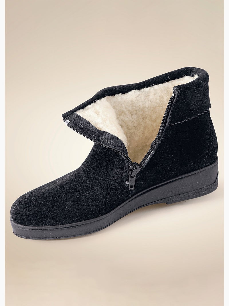 Boots zippées fourrées largeur confort cuir velours - Afibel Noir - Kiabi
