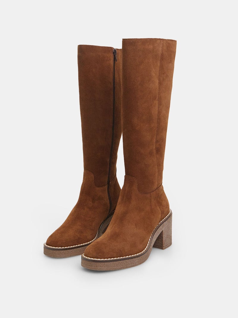 Bottes en cuir velours avec talon 8 cm BATA Marron - Kiabi