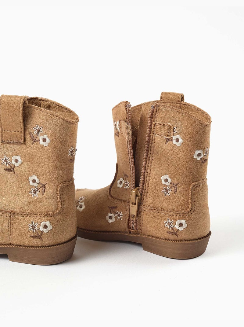 Bottes en suédine avec fleurs brodées Marron - Kiabi