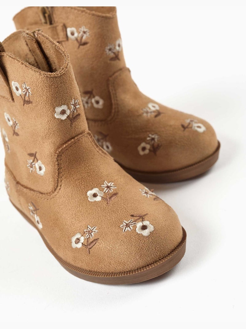 Bottes en suédine avec fleurs brodées Marron - Kiabi