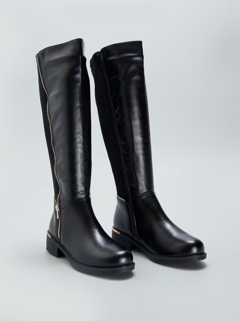 Bottes hautes cavalières à zip doré Noir - Kiabi
