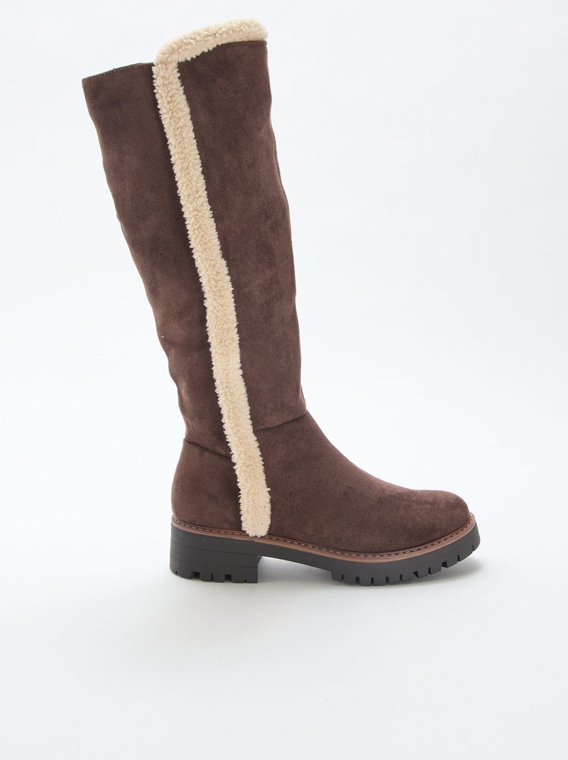 Bottes hautes en suédine avec biais effet moutonné Marron - Kiabi