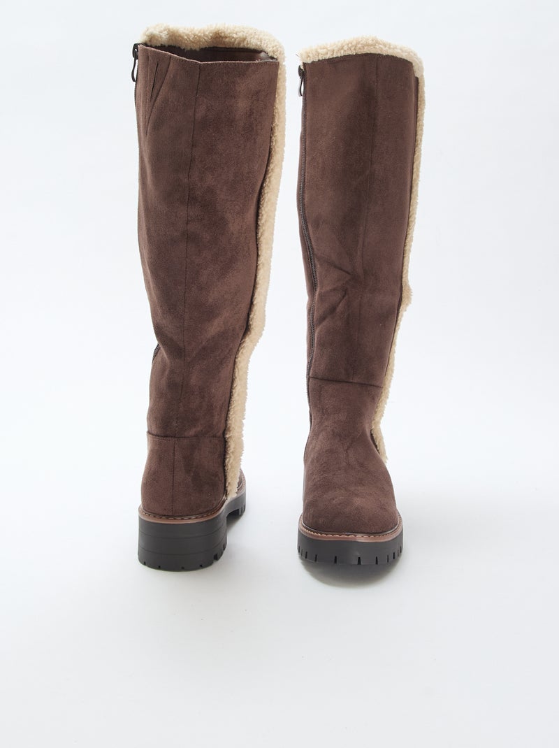Bottes hautes en suédine avec biais effet moutonné Marron - Kiabi
