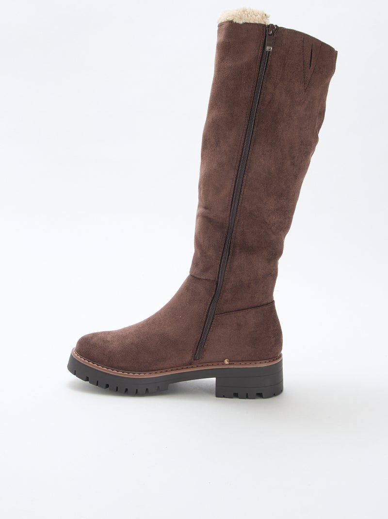 Bottes hautes en suédine avec biais effet moutonné Marron - Kiabi