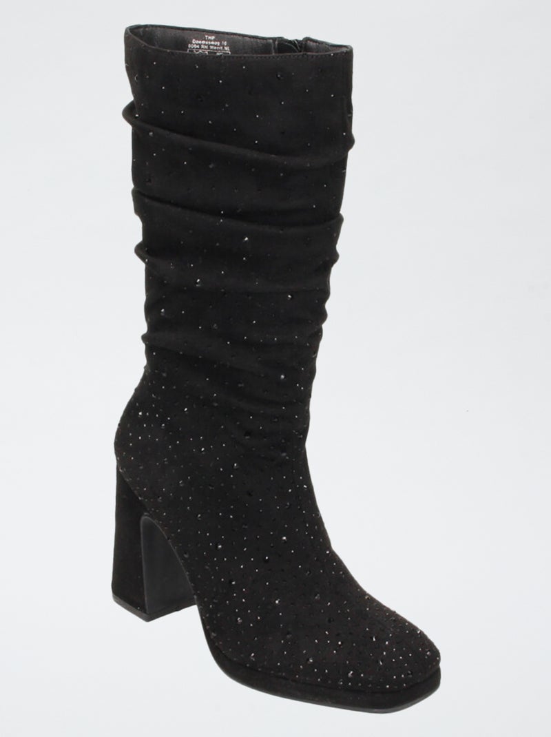 Bottes mi-hauteur en suédine effet plissé Noir - Kiabi