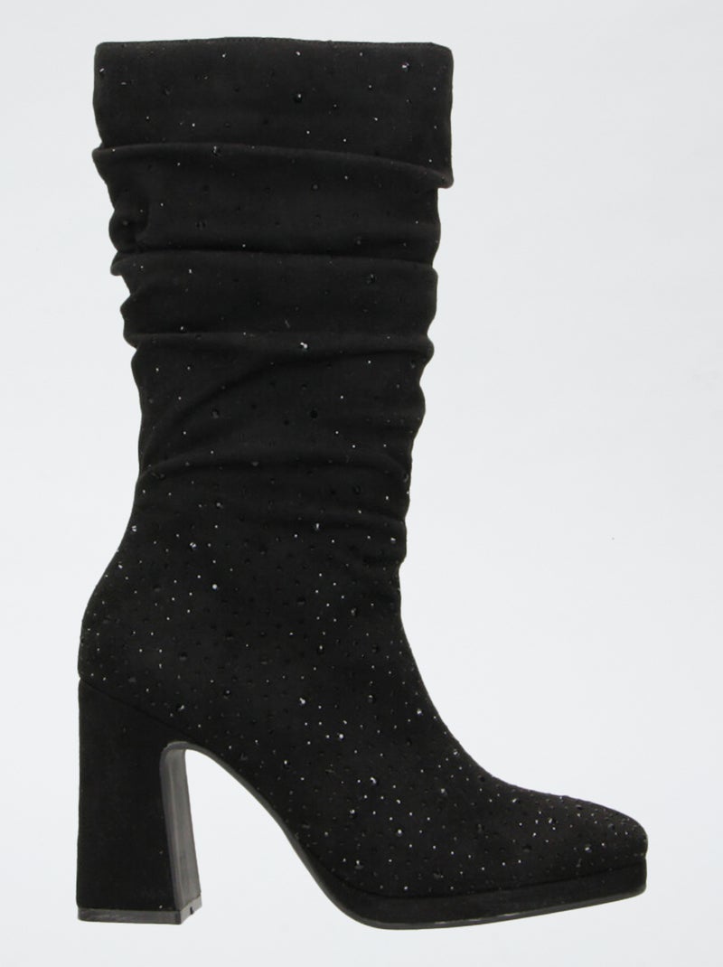 Bottes mi-hauteur en suédine effet plissé Noir - Kiabi