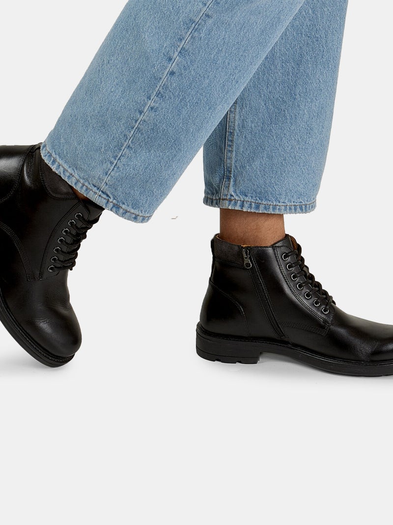Bottines à lacets avec fermeture éclair en cuir Bata Noir - Kiabi
