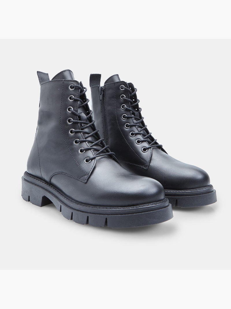 Bottines à lacets en cuir Noir - Kiabi
