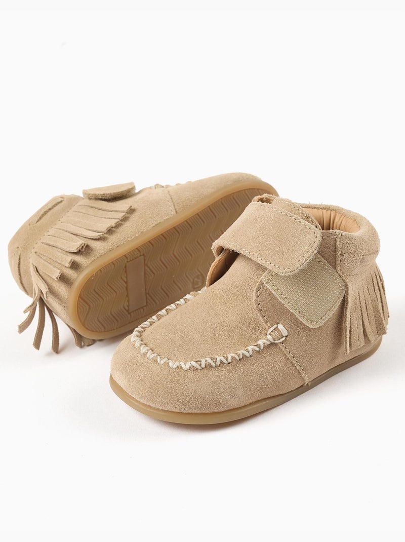 Bottines barefoot en daim à franges et à scratch Beige - Kiabi