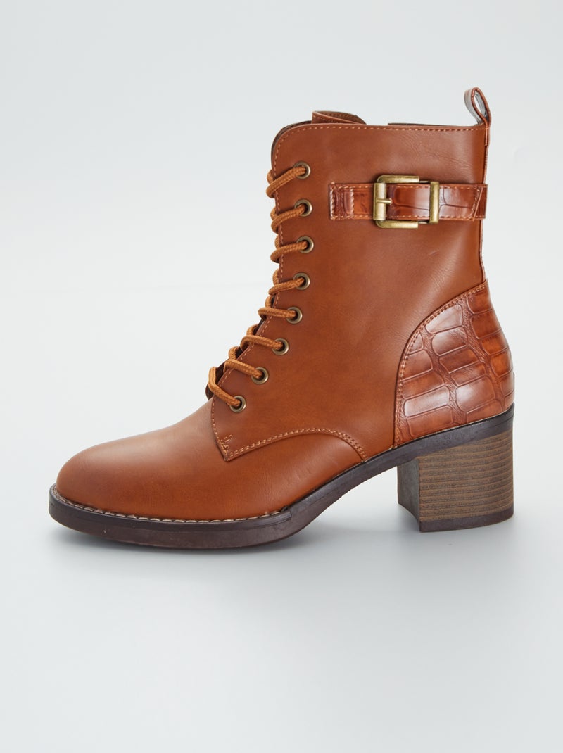 Bottines bi-matière à lacets et talons camel - Kiabi