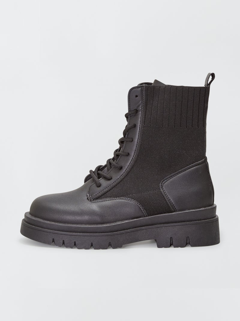 Bottines bi-matières à lacet noir - Kiabi