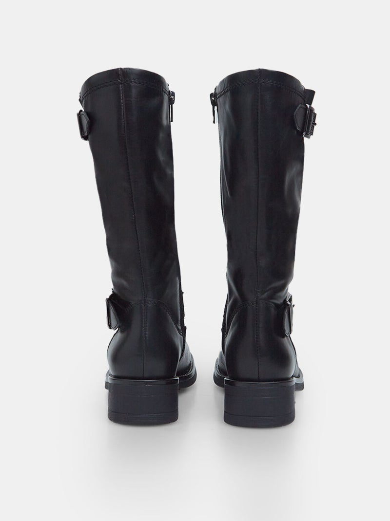 Bottines Biker en cuir avec double boucle BATA Noir - Kiabi