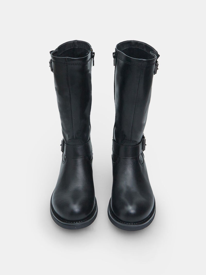 Bottines Biker en cuir avec double boucle BATA Noir - Kiabi