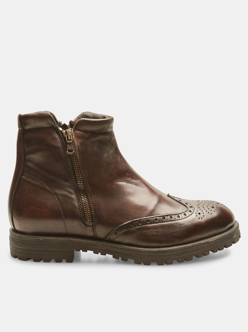 Bottes Chelsea Homme En Cuir Marron Fait Main - Style Brogue Bout D'aile, Lacets, Semelle Cuir, Tailles 39-49