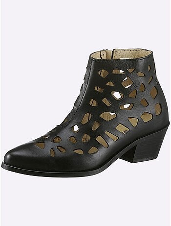 Bottines en cuir vachette à motif découpé et talon bottier - Taille standard - Helline