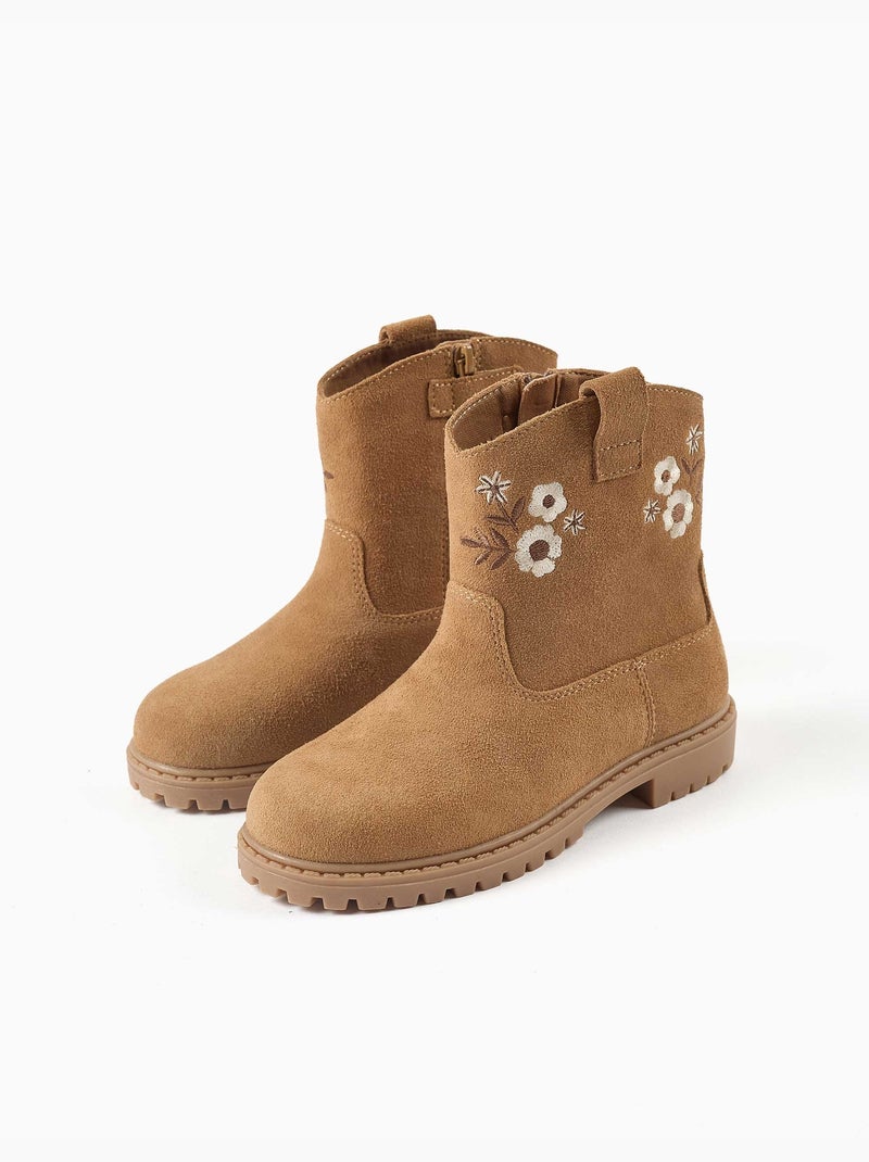 Bottines en suéde avec fleurs brodées Marron - Kiabi