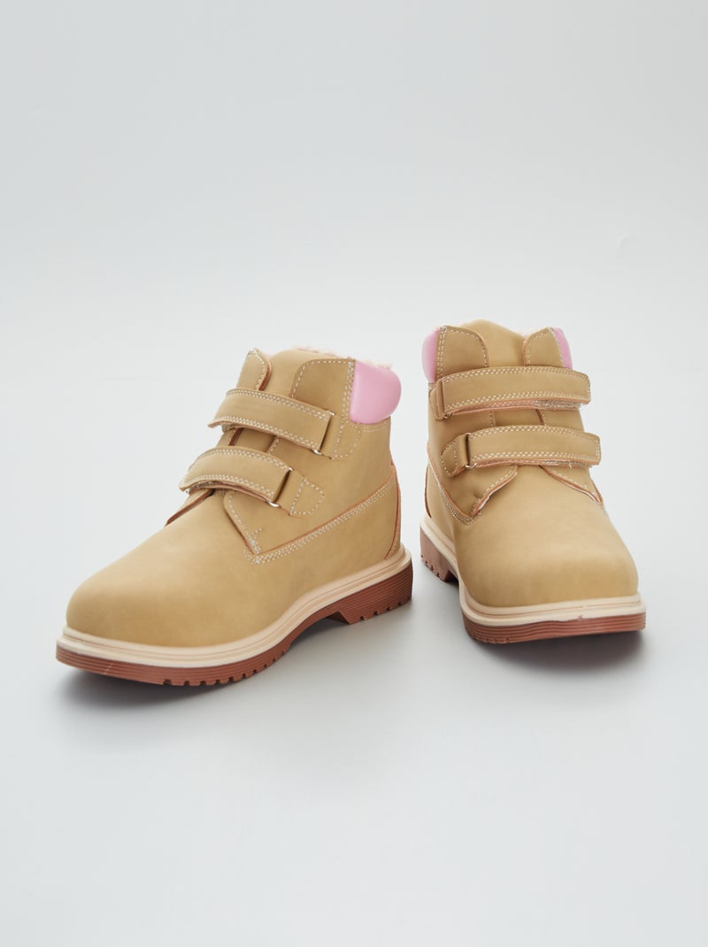 Bottines fourrées synthétiques à scratchs Beige/rose - Kiabi