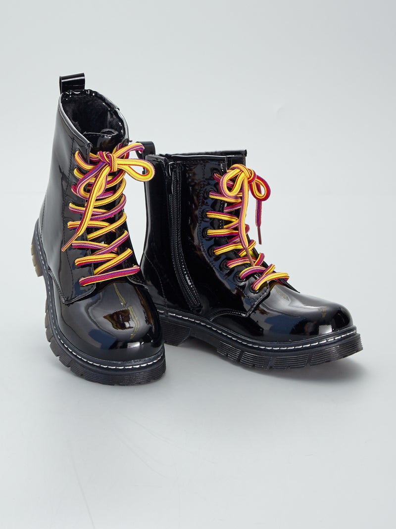 Bottines montantes vernies à lacets fantaisie NOIR - Kiabi