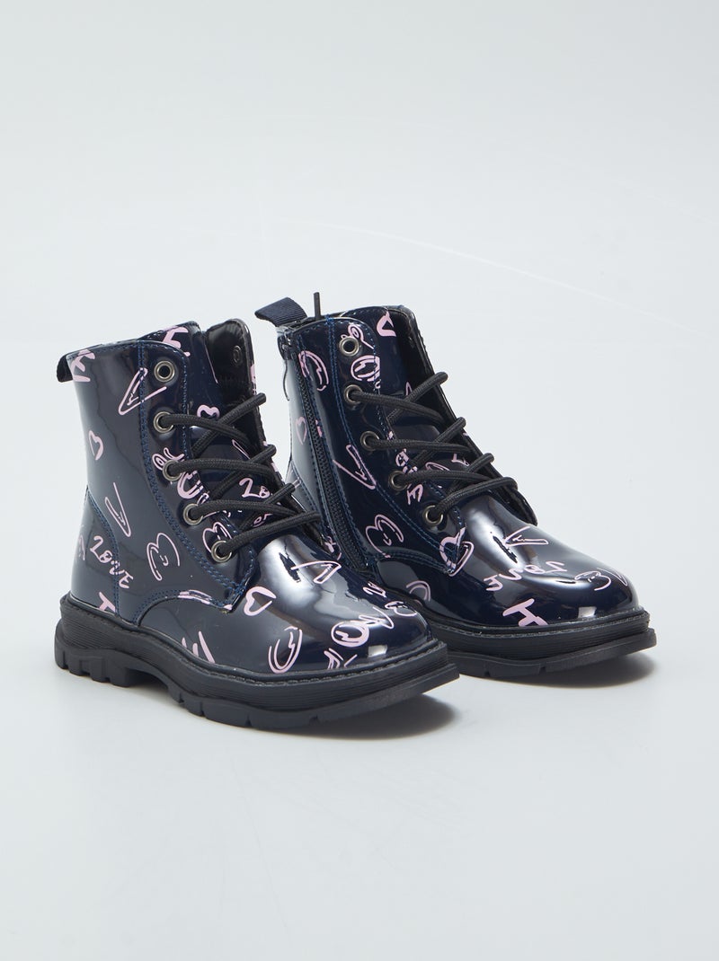 Bottines vernies à inscriptions fantaisie Noir - Kiabi