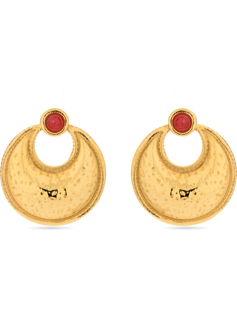 Boucles D'oreilles Anciennes Corail Sculpté Et émaux - Plaqué Or - Occasion Vintage