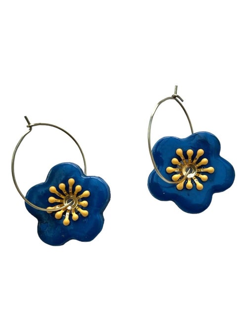 Boucles d'oreilles, créoles fleur bleue - Modèle unique artisanal - Kiabi
