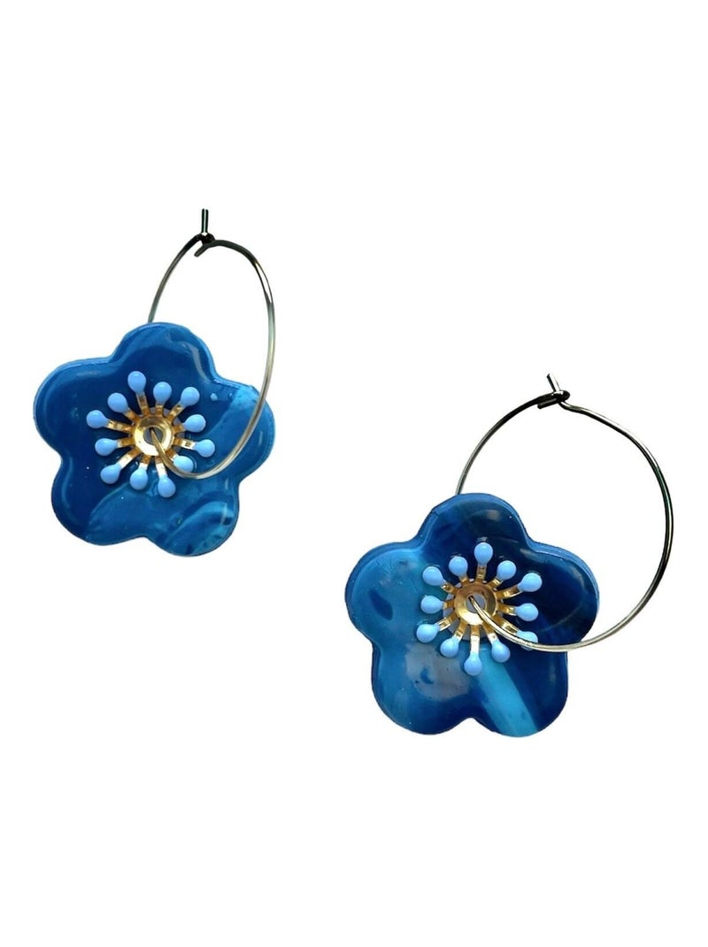 Boucles d'oreilles, créoles fleur bleue - Modèle unique artisanal Bleu - Kiabi
