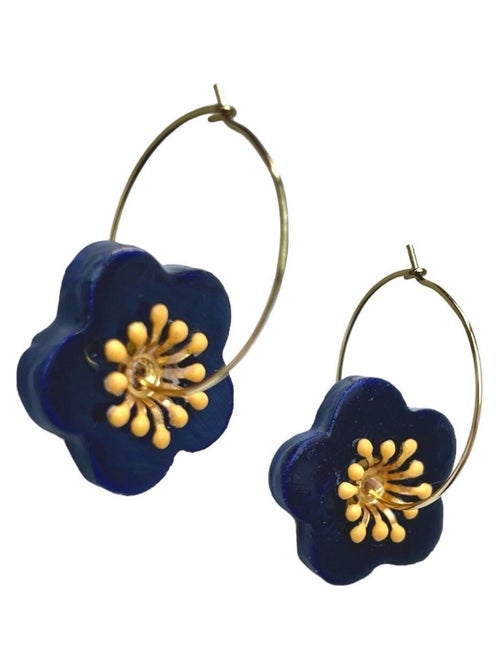 Boucles d'oreilles, créoles fleur bleue en céramique - Modèle unique artisanal - Kiabi