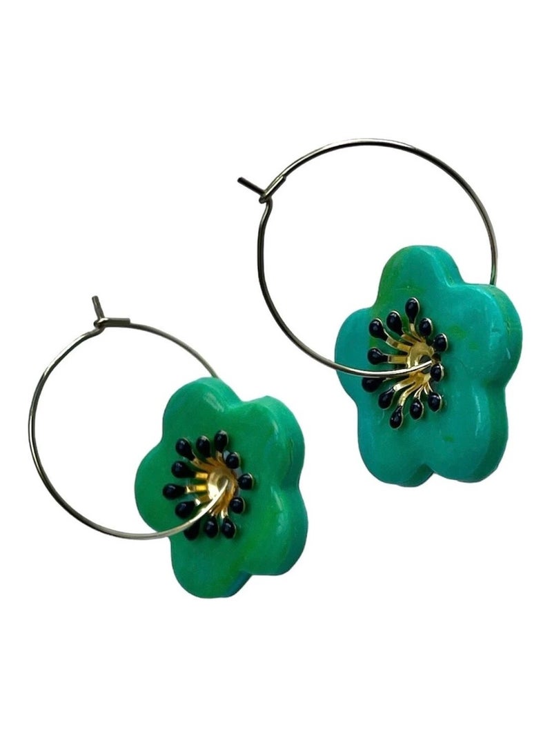Boucles d'oreilles, créoles fleur verte - Modèle fait main Vert anis - Kiabi