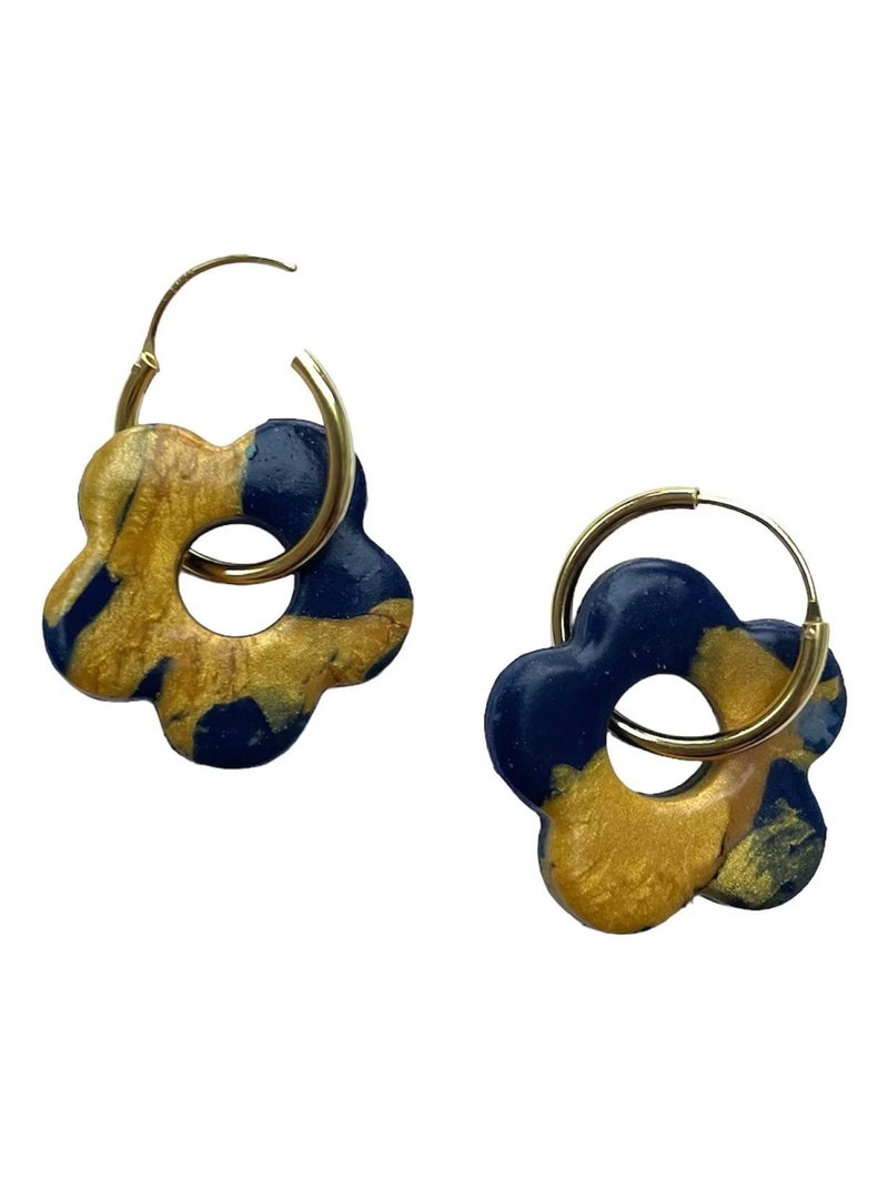 Boucles d'oreilles, créoles fleurs bleues et or - Modèle unique fait main Bleu - Kiabi