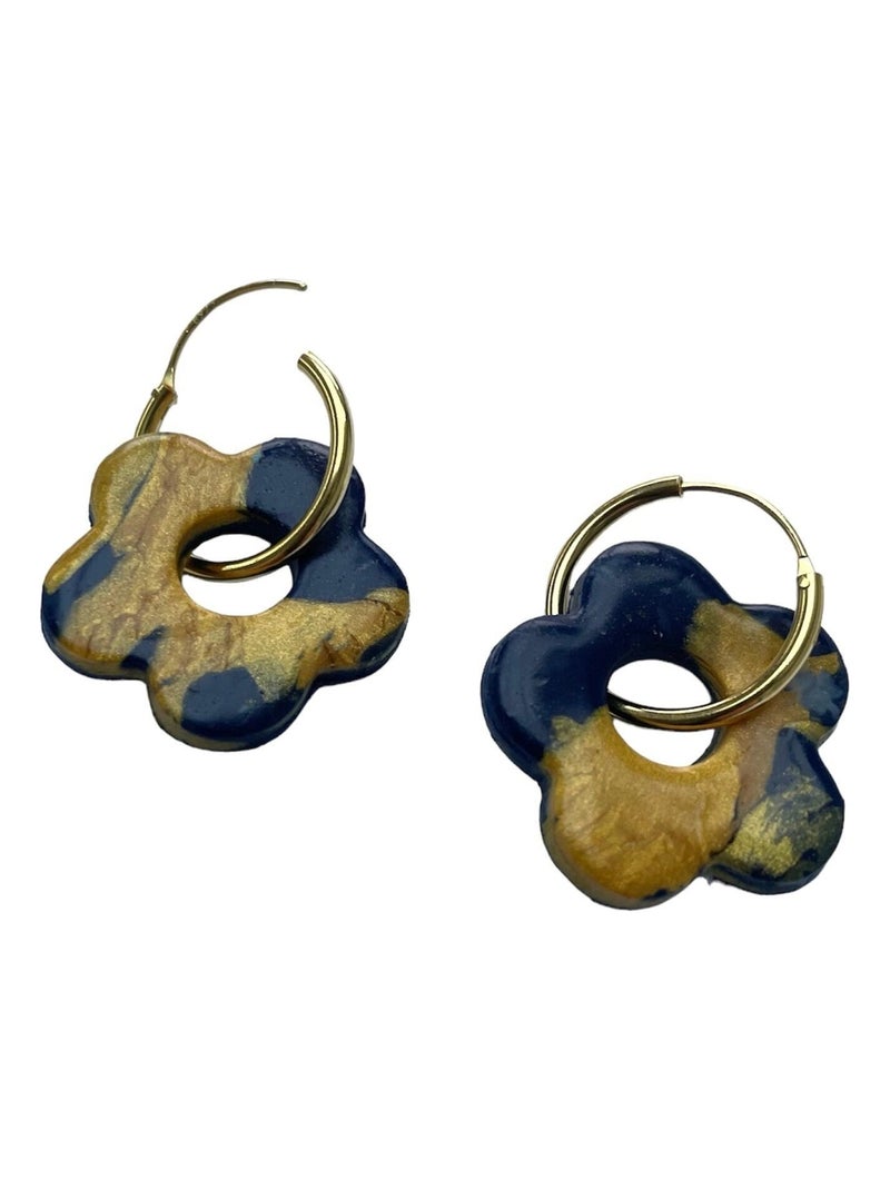 Boucles d'oreilles, créoles fleurs bleues et or - Modèle unique fait main Bleu - Kiabi