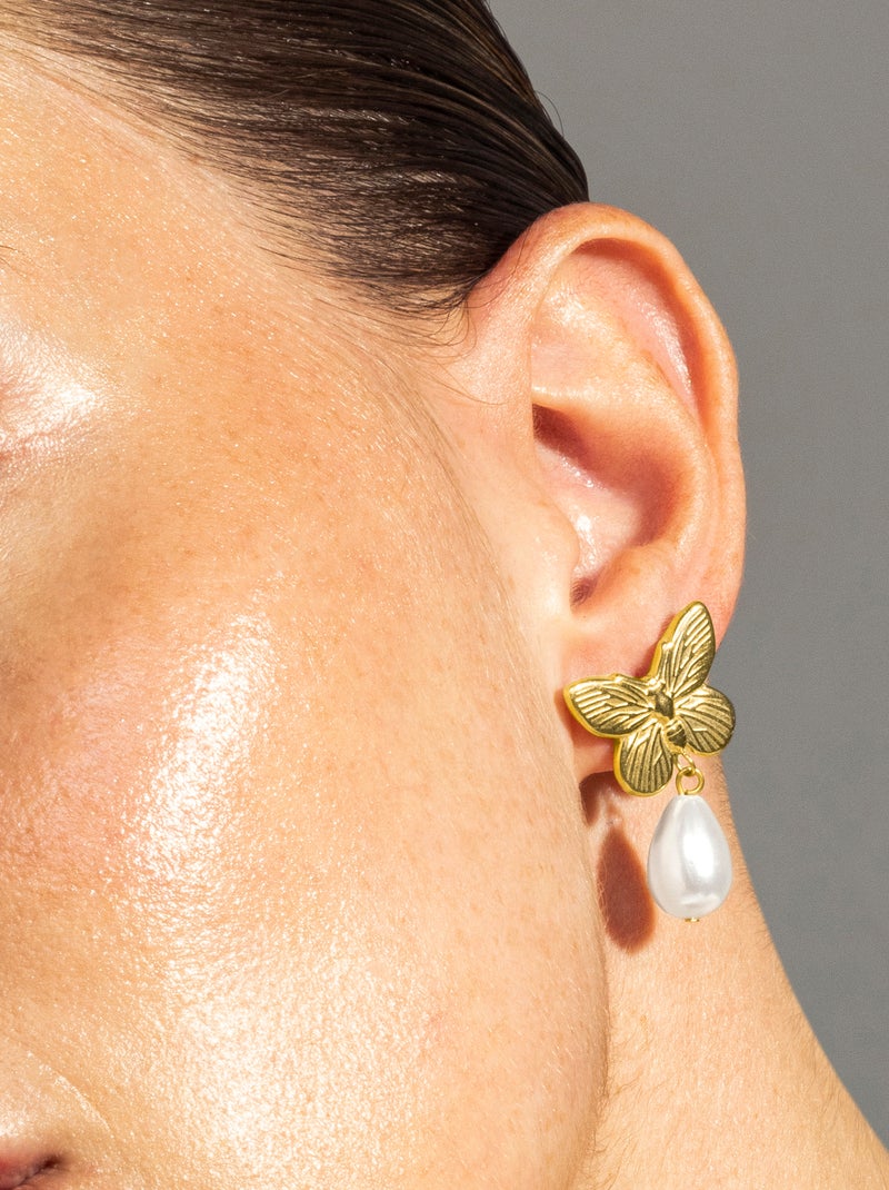 Boucles d'oreilles Luxenter en acier inoxydable Suom avec perle blanche et plaqué or 18k. Blanc - Kiabi