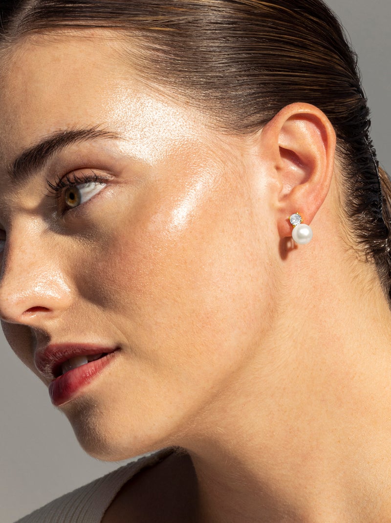 Boucles d'oreilles Luxenter en argent 925 avec perle blanche finie plaqué or jaune 18K - Essential Blanc - Kiabi