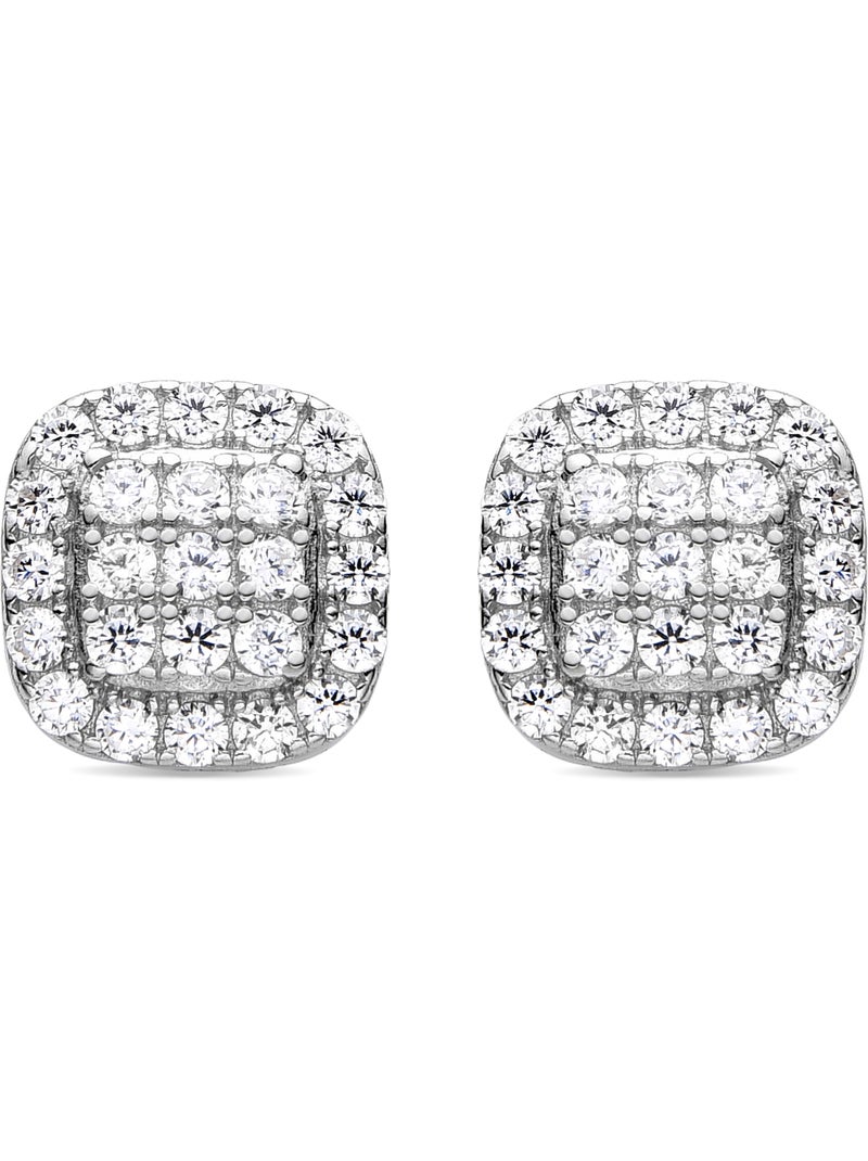 Boucles D'oreilles en Argent Sterling et Zirconium Plaqué Rhodium avec Double Goutte Ajourée et Feuilles