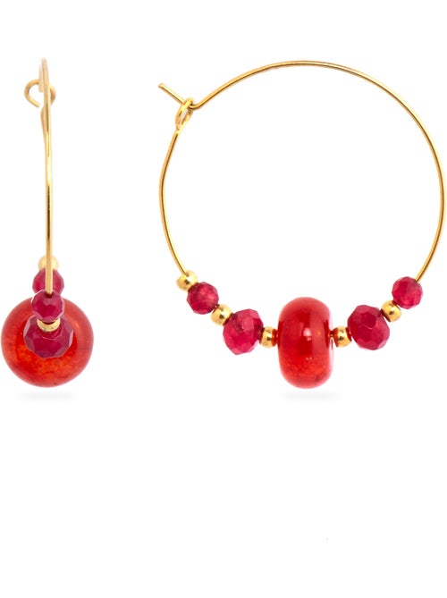 Boucles d'oreilles Luxenter finition or jaune 18k et jade rouge - Rahay - Kiabi