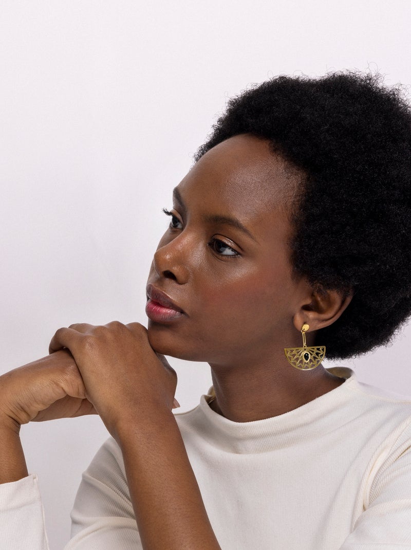 Boucles d'oreilles Luxenter Onyx finies plaqué or jaune 18K - Tawa Noir - Kiabi