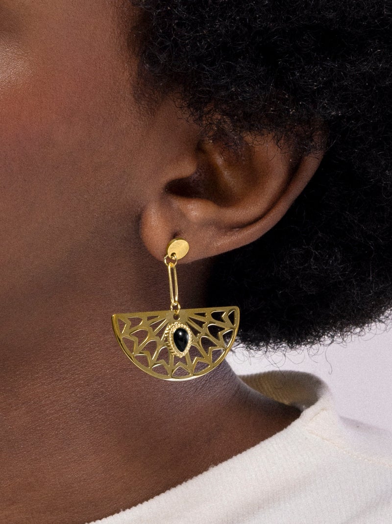 Boucles d'oreilles Luxenter Onyx finies plaqué or jaune 18K - Tawa Noir - Kiabi