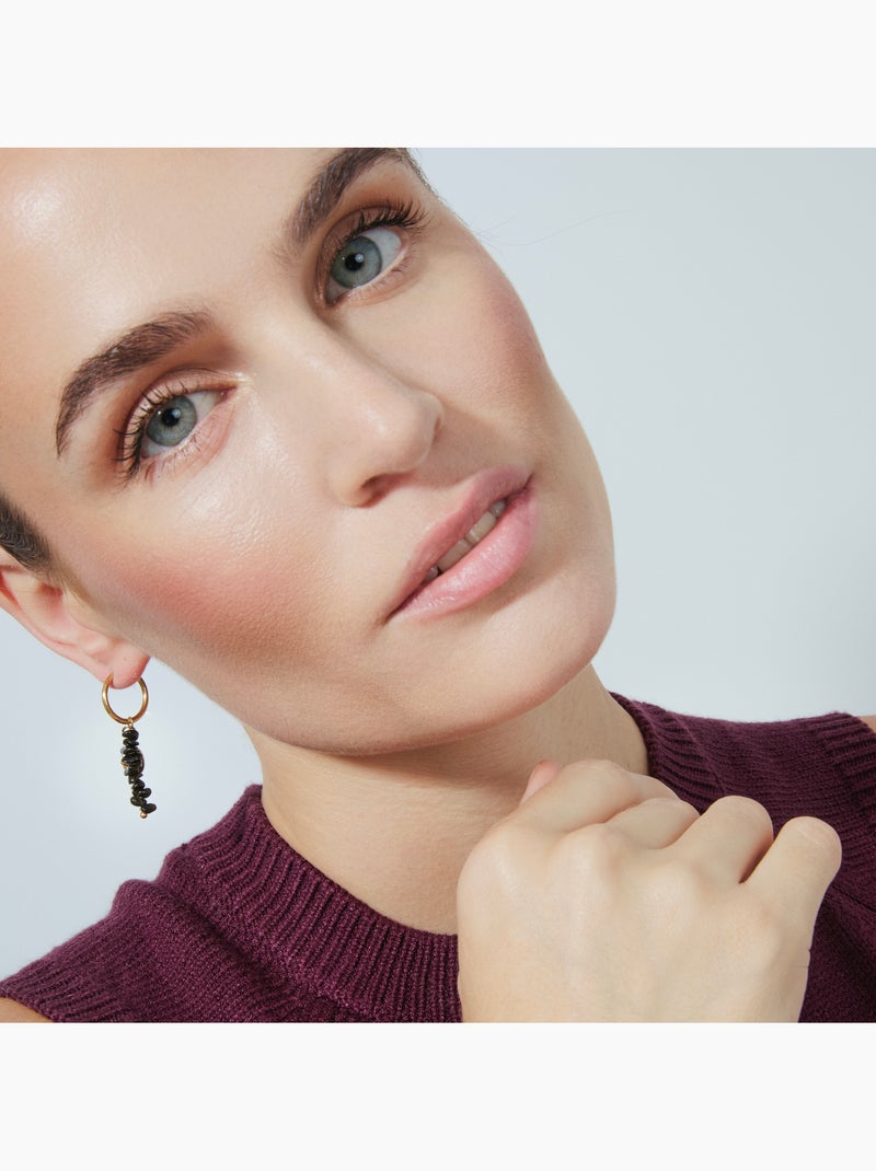 Boucles D'oreilles Demi-créoles Trio Avec Onyx Et CZ Plaqué Or - Neuves Avec étiquettes