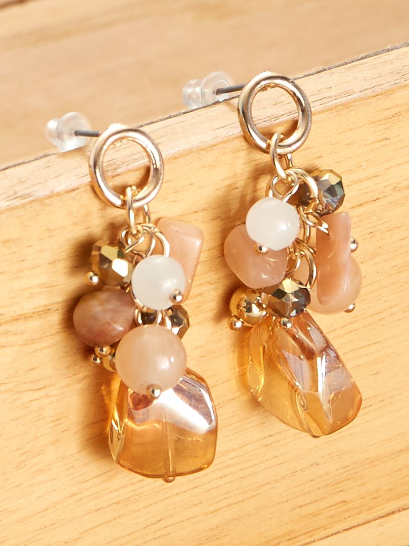 Boucles d'oreilles pendantes avec perles doré/rose - Kiabi
