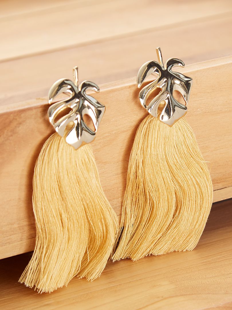 Boucles d'oreilles pendantes coloris doré avec pompons jaune - Kiabi