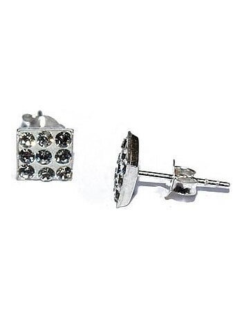 Boucles d'oreilles strass blanc et argent, forme carrée