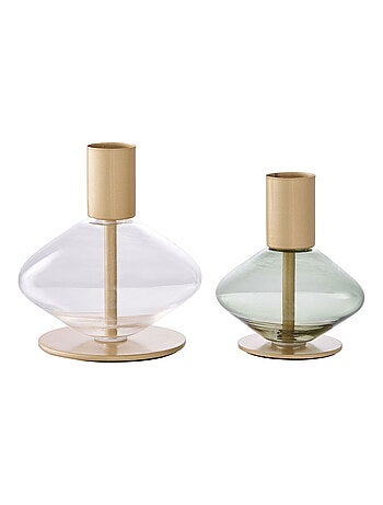 Bougeoir - Bougeoir, verre/métal, transparent/vert, lot de 2
